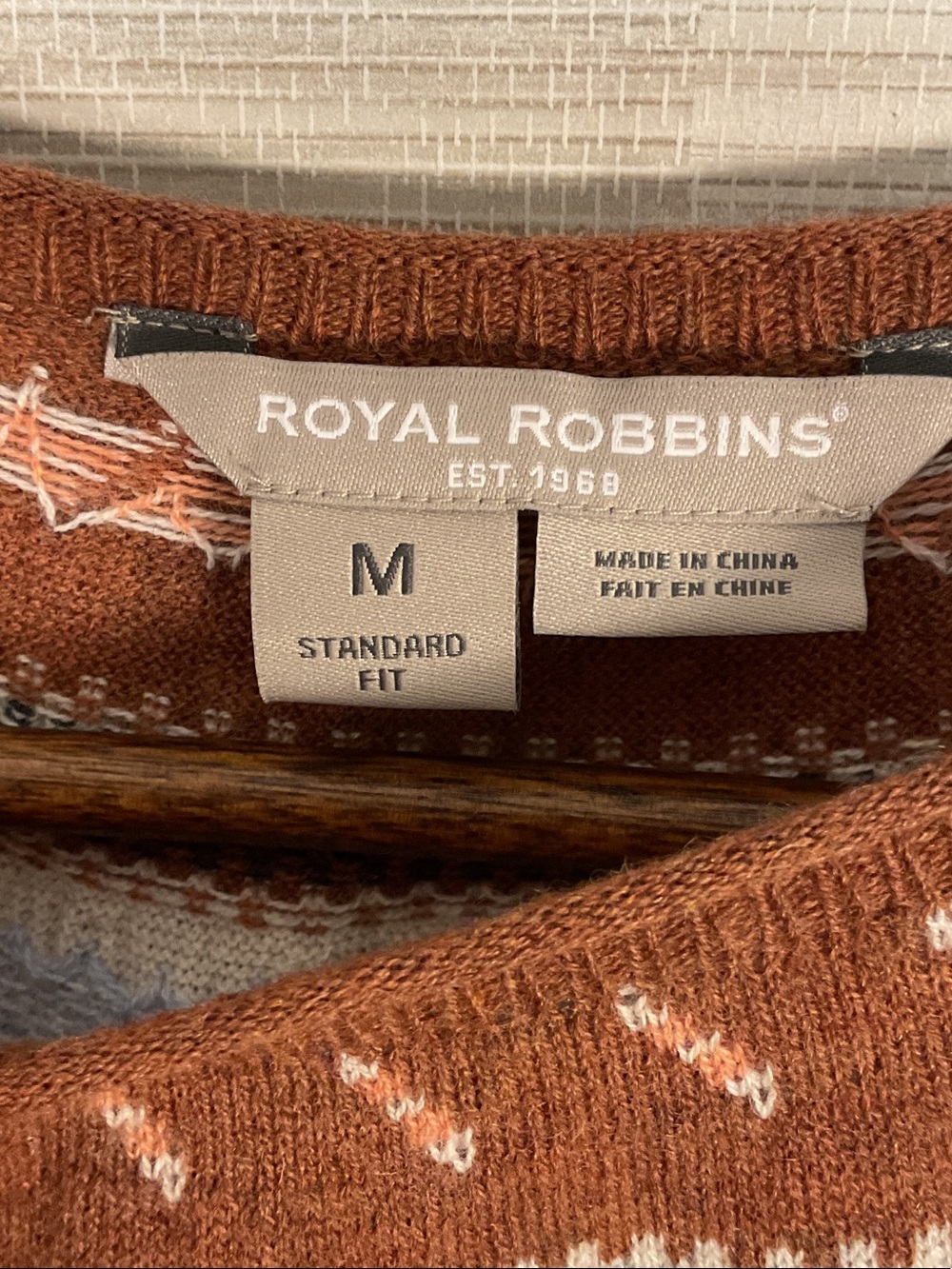 Royal Robbins Westlands Fair Isle Crew Sweater Merino Wool Blend Med Blue Brown - Picture 2 of 14